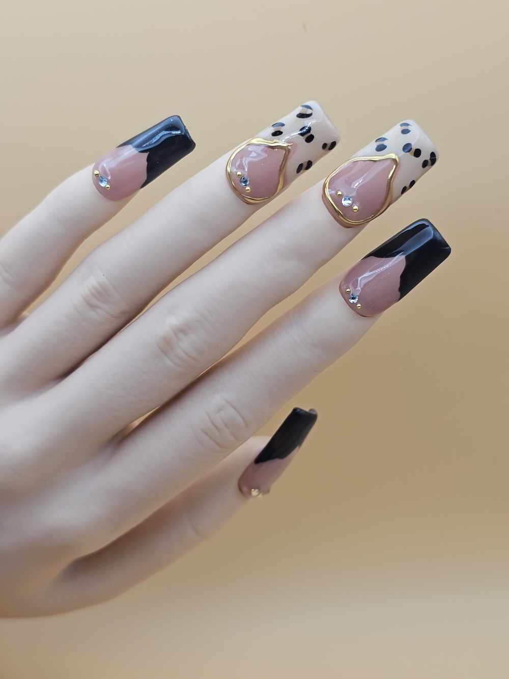 Press-on Nails Set Size Large Square Black & Nude Leopard Accent with Gold Trim